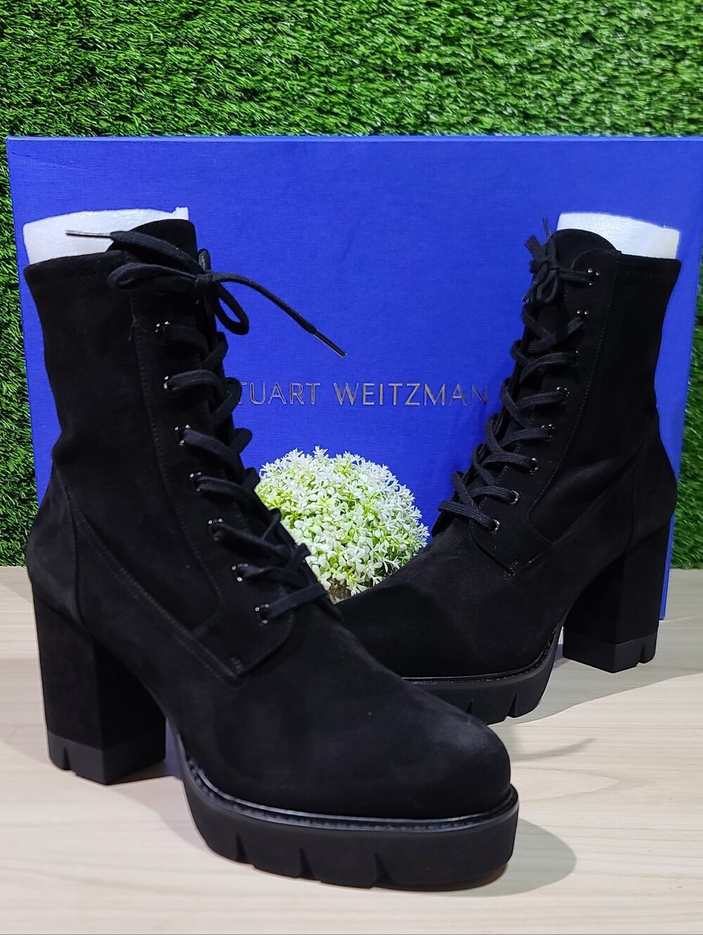Stuart Weitzman Ande Lace-Up Block Boots / Black Suede US Women's 7.5 NEW